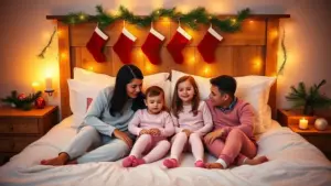 A family of four in pajamas sits on a bed decorated with Christmas stockings, string lights, and holiday ornaments, creating a festive atmosphere.