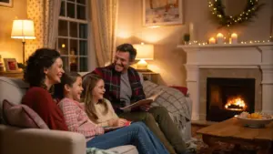 A family of four sits on a couch in a cozy living room, smiling and talking, with a lit fireplace and candles in the background.