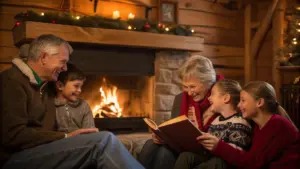 Two adults and three children sit together by a fireplace in a wooden cabin, smiling and reading a book in a cozy, warmly lit setting.