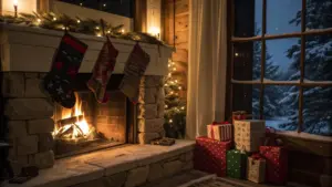 A cozy living room with a lit fireplace, stockings hanging on the mantle, a decorated Christmas tree, and wrapped presents by a window showing a snowy night scene outside.