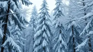 Snow-covered evergreen trees stand in a dense forest during winter, with branches heavily laden with white snow under an overcast sky.