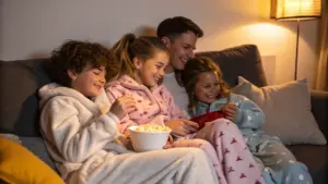 A man and three children in pajamas sit on a couch, smiling and eating popcorn, watching something together in a cozy living room with soft lighting.