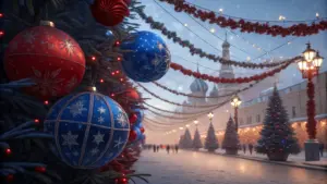Close-up of red and blue Christmas ornaments on a decorated tree, with festive garlands, street lamps, and a wintry cityscape in the background.