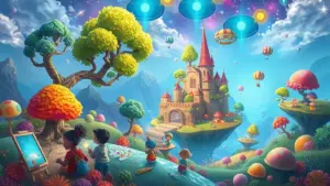 Children play and draw on a grassy hill near a floating castle, colorful trees, balloons, and glowing orbs in a whimsical, fantasy landscape under a starry sky.
