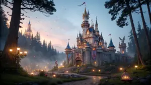 A large fairy-tale castle with blue spires and flags sits among pine trees at dusk, illuminated by soft lights and surrounded by mist and a winding path.