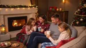 A family of four sits on a couch in a cozy living room with a fireplace and Christmas decorations, holding mugs and smiling at each other.