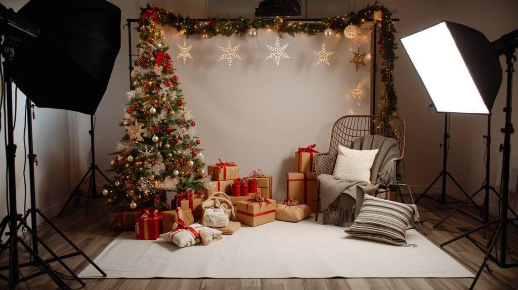 A photo studio setup with a decorated Christmas tree, wrapped gifts, a cozy chair with pillows, and lighting equipment against a festive backdrop.