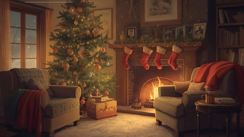 A cozy living room with a decorated Christmas tree, gifts, and four stockings hanging on a fireplace with a burning fire. Two armchairs face the fireplace.