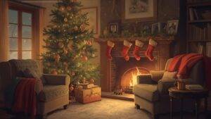 A cozy living room with a decorated Christmas tree, gifts, and four stockings hanging on a fireplace with a burning fire. Two armchairs face the fireplace.