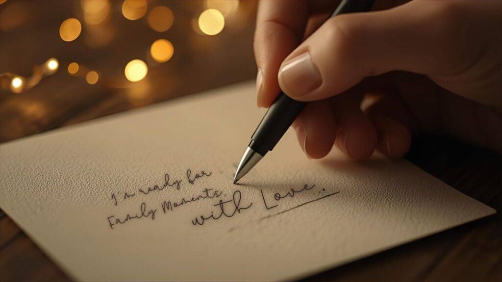 A hand writes "I'm ready for family moments with love" on textured paper with a pen; blurred warm lights appear in the background.