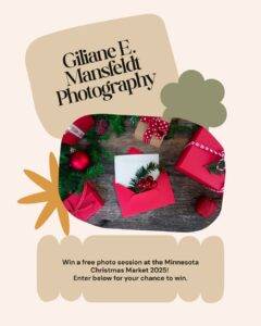 A festive arrangement of red gift boxes, envelopes, and Christmas decorations promotes a photo session giveaway by Giliane E. Mansfeldt Photography for the Minnesota Christmas Market 2025.