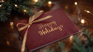 A burgundy holiday card with "Happy Holidays" in gold letters and a gold ribbon, placed on a wooden surface with festive greenery and string lights nearby.