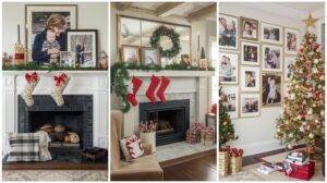 Three rooms decorated for Christmas: two fireplaces with stockings and garlands, and a Christmas tree with ornaments and framed family photos on the wall.