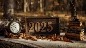 A wooden sign with "2025" is displayed on a table outdoors, next to an alarm clock, books, and autumn leaves.
