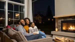 A family of three sits together on a couch in a living room at night, smiling and looking toward a fireplace with a fire burning. Large windows show houses and trees outside.
