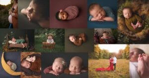 Collage of maternity, newborn, and family photos including sleeping babies in wraps, a pregnant woman, a baby in a basket, and a couple in a field.