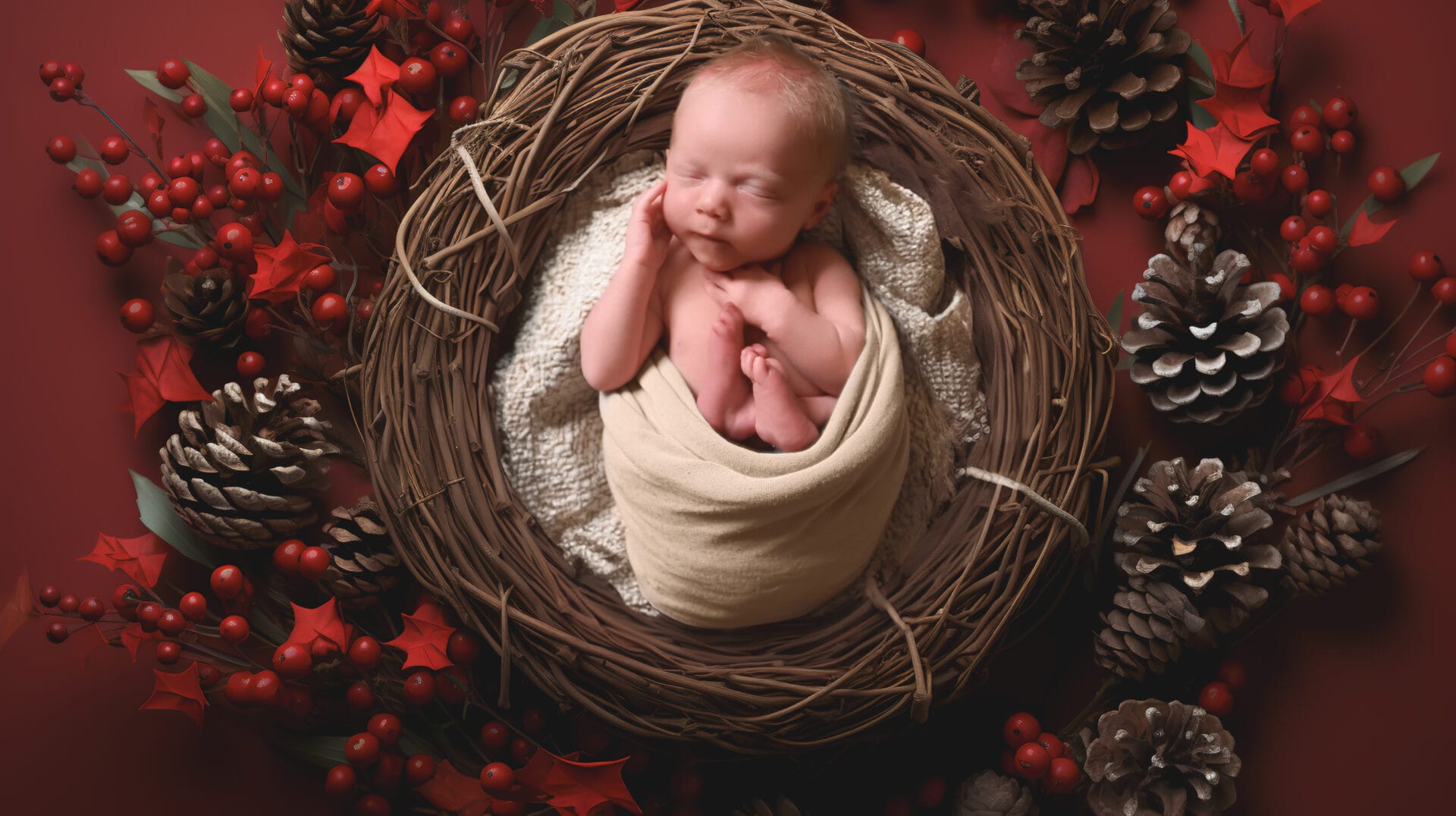 A newborn baby wrapped in a cream blanket sleeps in a round wicker nest, surrounded by pine cones, red berries, and red leaves on a dark red background.