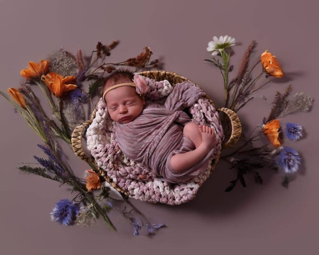 Newborn baby wrapped in a mauve blanket sleeps in a woven basket, surrounded by arranged orange, white, and purple flowers on a mauve background.