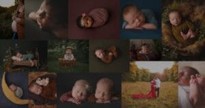 A collage of maternity, newborn, and baby photos, including sleeping infants, a pregnant woman, and a couple posing outdoors.