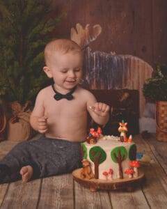 A toddler in a bowtie sits on the floor, touching a woodland-themed cake decorated with animal figurines and mushrooms.