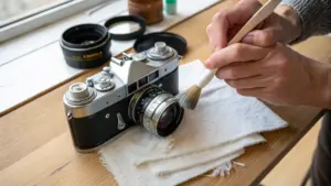 A person uses a soft brush to clean the lens of a vintage film camera resting on a cloth, with camera accessories nearby on a wooden surface.