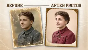 A side-by-side comparison of an old, damaged black-and-white portrait and its restored, colorized version of the same woman with curly hair.