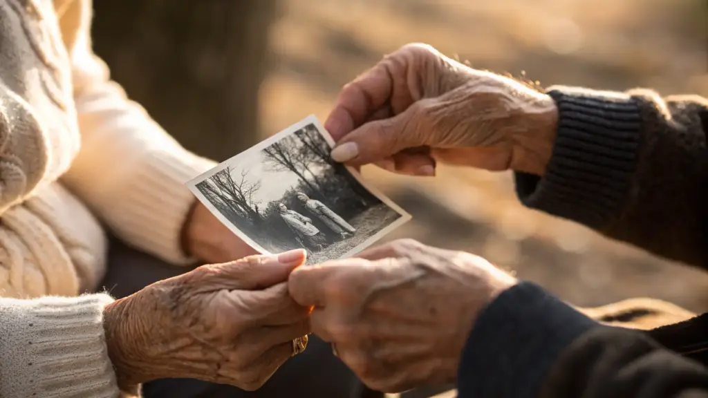 Two elderly people hold and look at an old black-and-white photograph of three people standing outdoors.