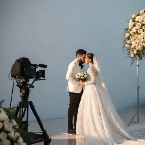 A bride and groom stand close together holding flowers as a video camera films them during their wedding ceremony, with floral arrangements on either side.