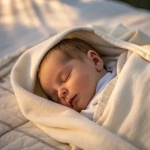 A baby wrapped in a soft cream blanket sleeps peacefully on a bed with sunlight casting gentle shadows.