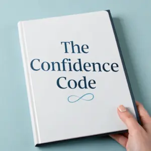 A hand holds a white hardcover book titled “The Confidence Code” on a light blue background.