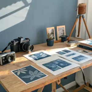 A wooden desk displays cameras, botanical and landscape cyanotype prints, potted plants, framed photos, books, and drawing tools, set against a blue wall with natural sunlight.