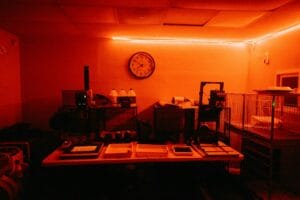 Photographer making darkroom prints from 35mm film negatives at an enlarger