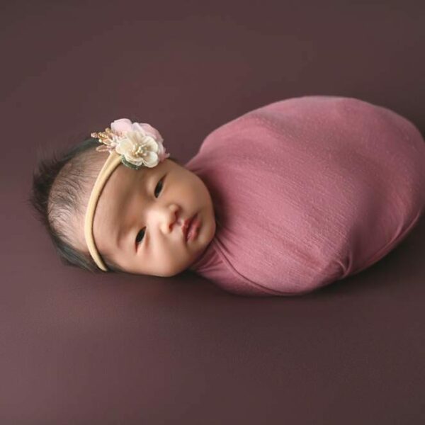 A baby girl wrapped in a pink blanket on a brown background.