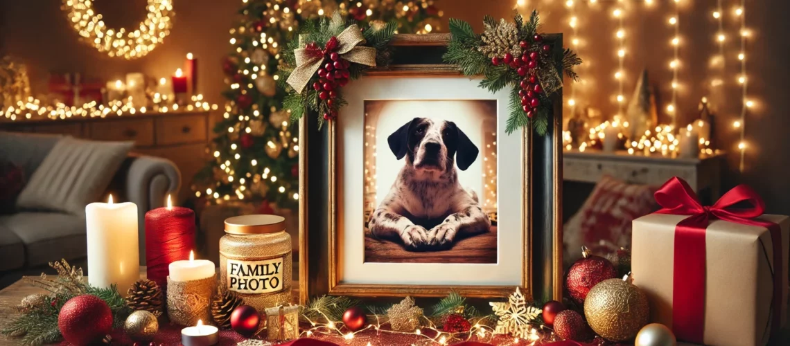 Framed dog photo on a festive table with candles, ornaments, and wrapped gifts. Background features a decorated Christmas tree with lights.