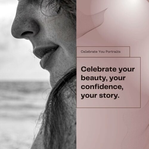 Close-up of a woman's face in black and white with a blurred ocean background on the left; text on the right reads, "Celebrate your beauty, your confidence, your story.