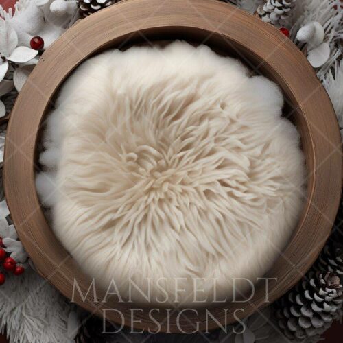 A wooden bowl with white fluffy fur, surrounded by white leaves, red berries, and pinecones on a rich red background.