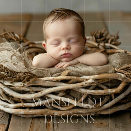 Sleeping baby with head resting on hands, lying in a woven basket on wooden surface, with decorative twigs and fabric. Text overlay: "MANSFELDT DESIGNS".