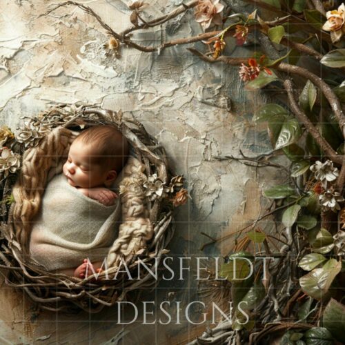 A sleeping baby wrapped in a blanket lies in a nest-like setting with branches and flowers. Text reads "Mansfeldt Designs.