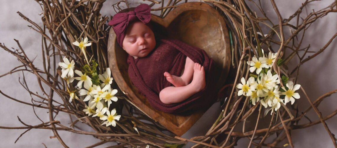 A newborn baby wrapped in a maroon cloth and headband sleeps in a heart-shaped wooden bowl, surrounded by twigs and white flowers.