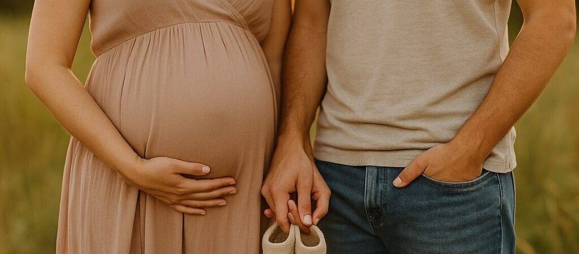 A pregnant woman in a beige dress stands beside a man in jeans and a beige shirt; he holds small baby shoes as they pose outdoors.