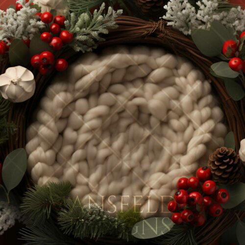 Wreath with red berries, pinecones, and white ornaments around a central knitted design, set against a red background.