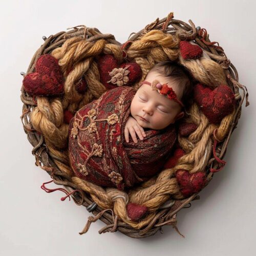 A sleeping baby wrapped in a red and gold blanket, nestled in a heart-shaped arrangement of woven branches and fabric, with small red heart decorations.